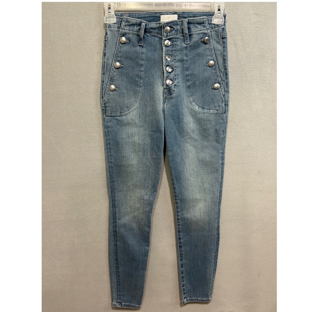 7 For All Mankind Button Fly Skinny Jeans Women 27 High Rise Silver Button Denim